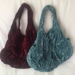 Crushed velvet bags maroon and blue green.